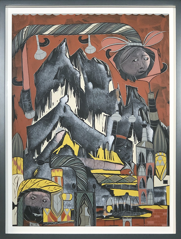 Abstract artwork with fragments of faces, mountains, and buildings