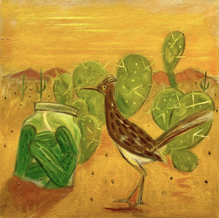Road runner in the foreground with a jar of pickles and desert scene in the background